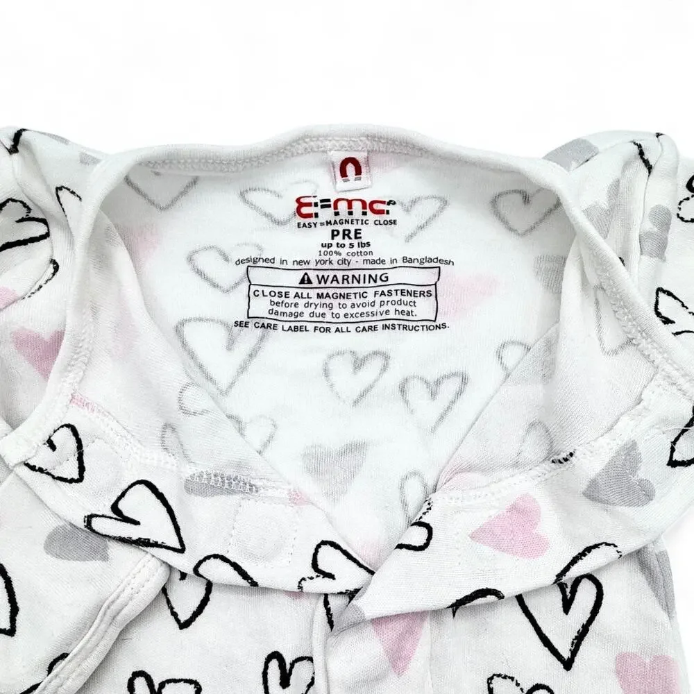 E=mc² Easy Magnetic Close Footed Sleeper Baby Hearts Print Gift Preemie‎ < 5 lbs